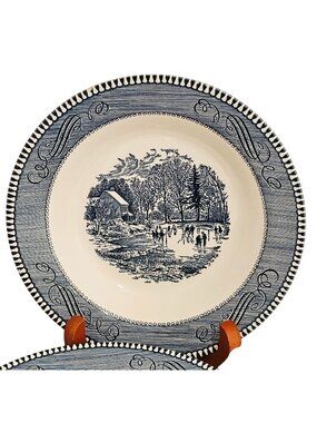 2 Currier Ives Early Winter Bowl 8" soup salad Royal Pottery blue white made USA